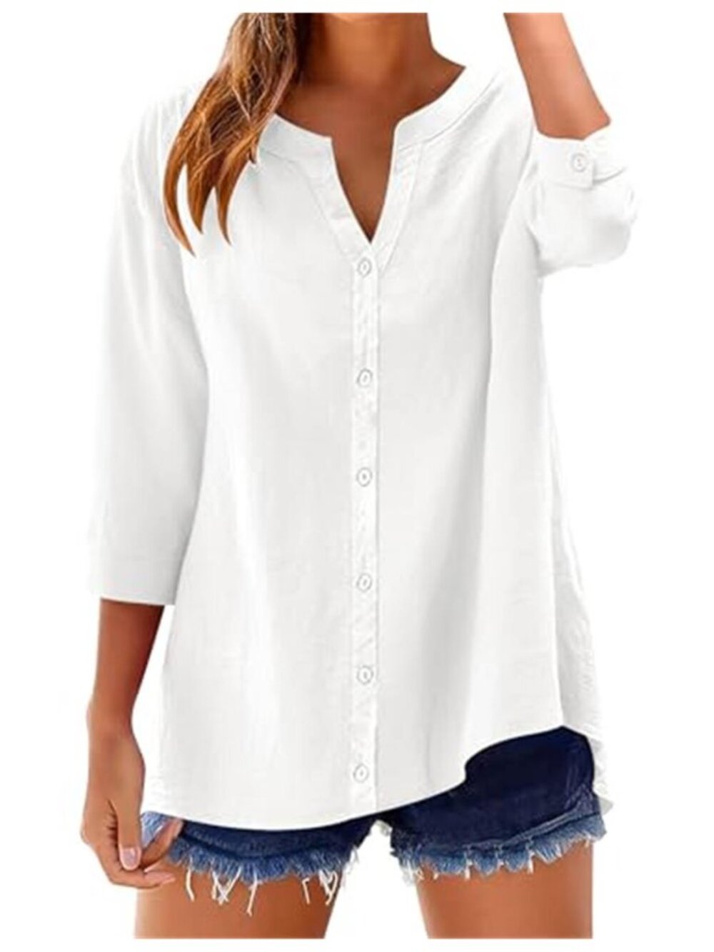 Womens Cotton Linen Button Down Shirt 34 Sleeve Loose Casual Blouse Top